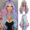 Rainbow Wig Long Wavy Curly Wigs for Women Colorful Wigs 26 Inches Rainbow Ombre Wigs Synthetic Cosplay Wig Pastel Colored Wigs Womens Hair Replacement Wigs for Girls Daily Party Costume Use