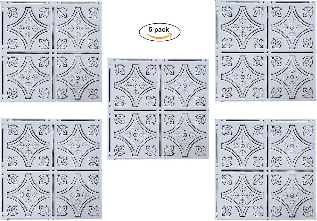 Holydecot Tin Wall Tiles Nail-Up Ceiling Tiles Stair Riser Kitchen Backsplash - Antique White 12x12 inch Sample, Pack of 5 