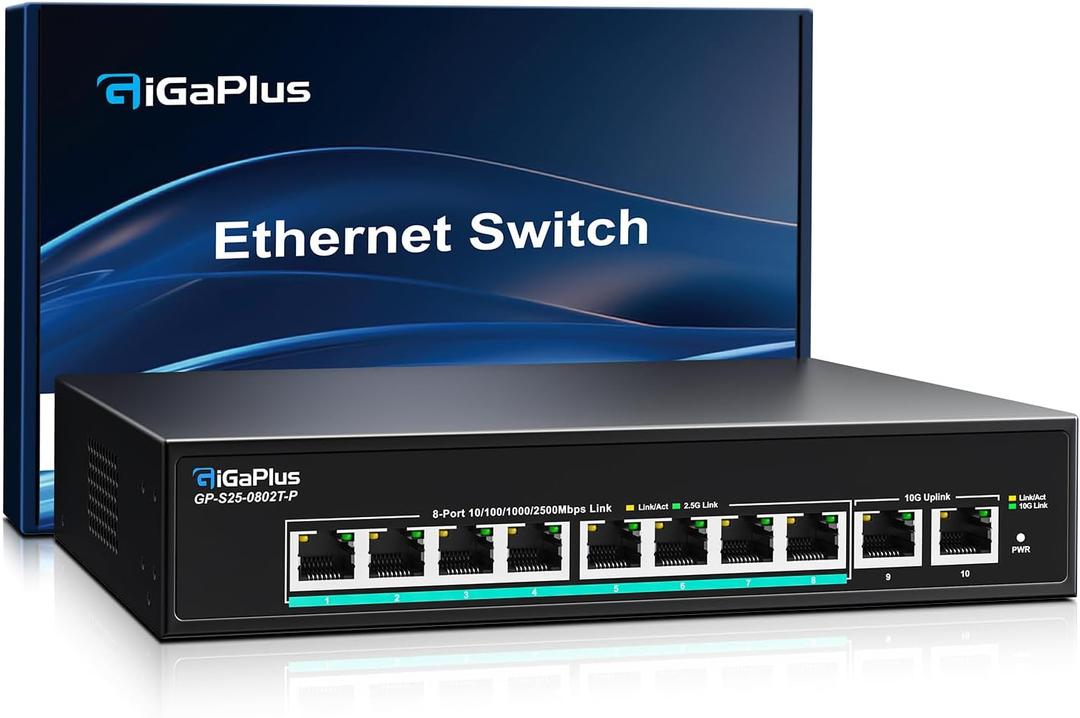 10-Port 10Gb Unmanaged PoE Ethernet Switch with 8*2.5G Base-T PoE Ports, 2*10G RJ45 Ports. 80Gbps Switching Capacity, GiGaPlus 10Gbps Network Switch for 2.5G/10Gbps NAS/PC, WiFi6 Router, Wireless AP