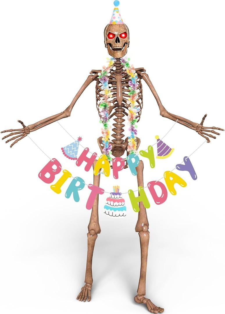 3 Pcs 12ft Skeleton Birthday Costume Accessories 12 Foot Skeleton Outfits with Happy Birthday Banner Cone Hat Colorful Garland Accessories Giant Skeletons Clothes for Holiday Garden Patio Lawn Decor