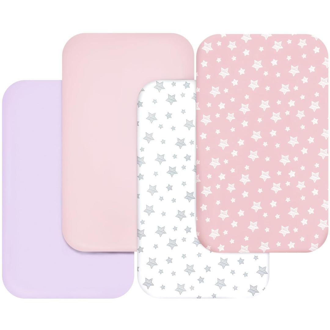 Bassinet Sheets for Baby Boys Girls 4 Pack(33" x 20"), Compatible with Mika Micky, Baby Delight, Dream On Me, Koola, AMKE and Other Rectangle Bassinet Mattress, Pink