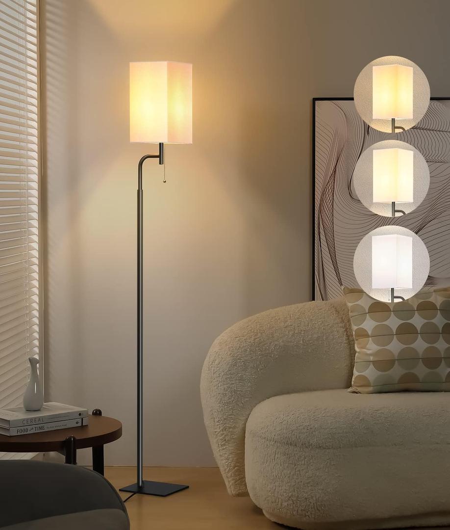 Floor Lamps for Living Room with 3 Color Temperatures, Modern Standing Tall Lamp for Bedroom, Square Linen Shade, Minimalist Pole Lamp for Office Kids Room Working Reading (White)