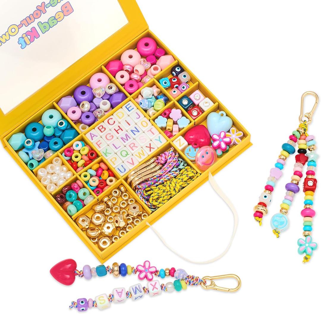 MINIMISSMIANYC Bead Bag Charm Kit for Girls,Big Colorful Beaded Heart Flower Letter A-Z Keychain Making Kit Key Chain DIY Charm Supplies Carft Accessoriess Jewelry for Women Kids Boys