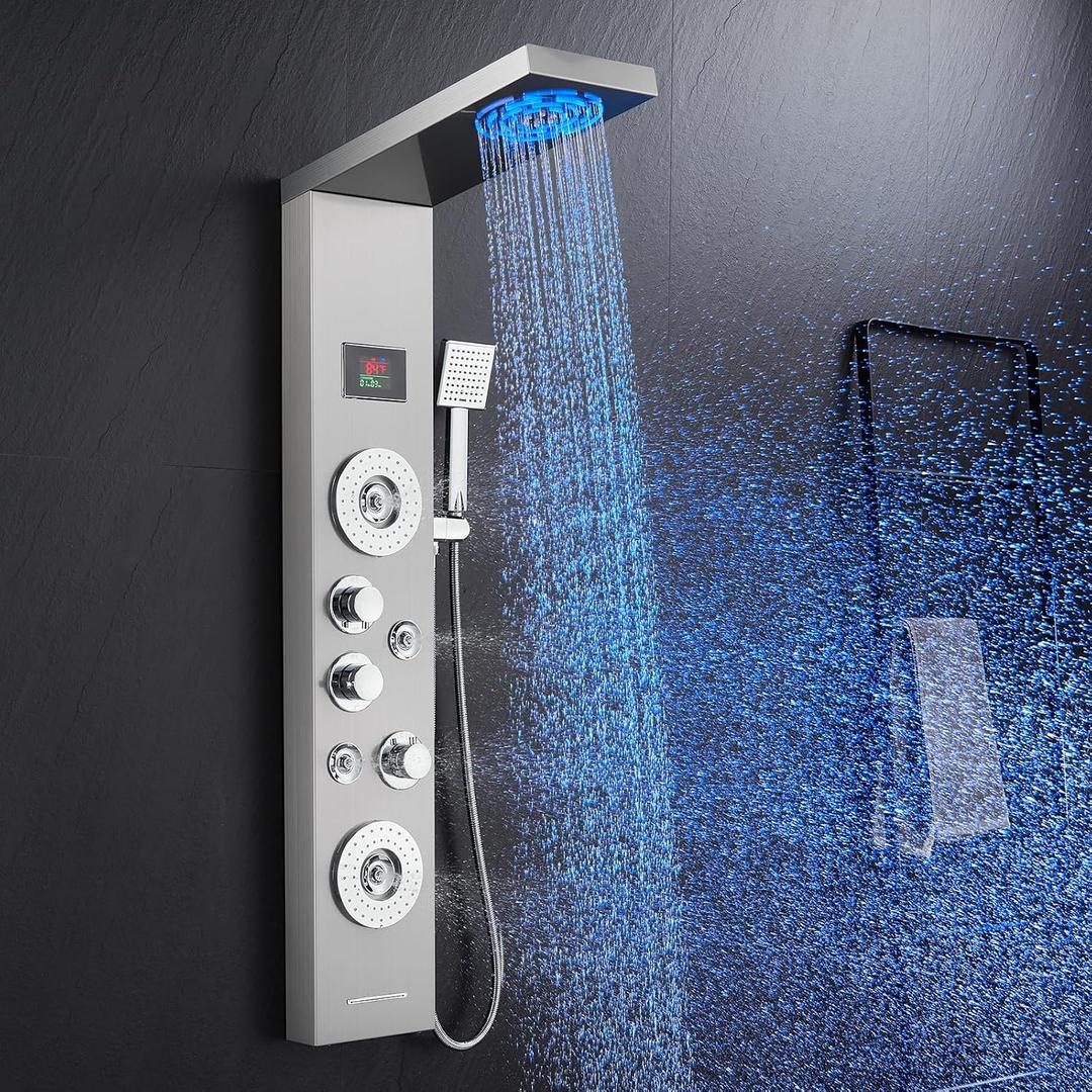 ROVATE LED Shower Panel Tower System with Rainfall and Mist Shower Head, 6-in-1 Shower Panels with Jets and Handheld and Digital Temperature Display, Shower Tower High Pressure with Tub Spout
