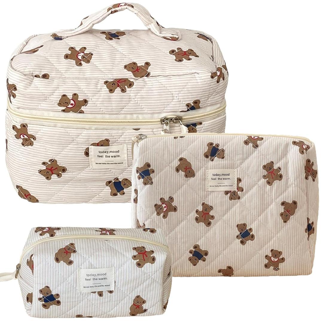 Beige MakeUp Bag Set 3PCS Quilted Make Up Pouch Cute Cotton Cosmetic Bag for Travel Striped Bear Large Toiletry Bag For Women(C)