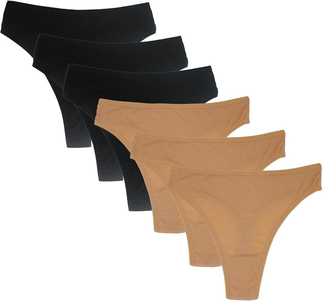 High Waisted Cotton Thongs Underwear For Women Breathable Sport Athletics Panties High Rise Plus Size Multipack (X-Large, Black*3 Nude*3)