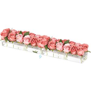 2 Pieces Acrylic Flower Vase Rectangular - Clear Floral Centerpiece for Dining Table Each 14 Inches, Connect to Form 28 Inches Long Rectangle Acrylic Vase for Home Wedding Dining Table Decor