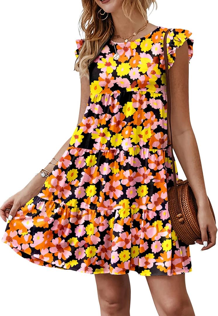 KIRUNDO Summer Dresses for Women Sundress Sleeveless Ruffle Sleeve Round Neck Loose Short Flowy Pleated Mini Babydoll Dress (XL)