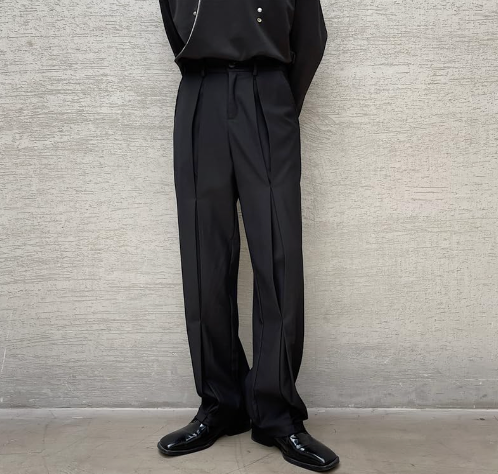 Black Pants For Men, Dark pleated multi-level suit pants men casual loose black pants for men trousers, Size M