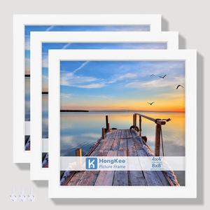Hongkee 8x8 Picture Frames with Real Glass, White Wooden Square Photo frame Set of 3, Displays 4x4 Picture With Mat or 8x8 Without Mat, Desktop & Wall Collage Frame set