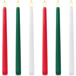 Baquler 6 Pcs 11'' Christmas Flameless Taper Candles Green Red White Battery Operated Candles LED Plastic Flickering Candlesticks for Christmas Wedding Church Dinner Home Decor
