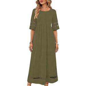 Womens Summer Dresses Casual Maxi Dresses Mesh 3/4 Sleeve Crewneck Smocked Elastic Waist Boho Beach Dress (Green, L)