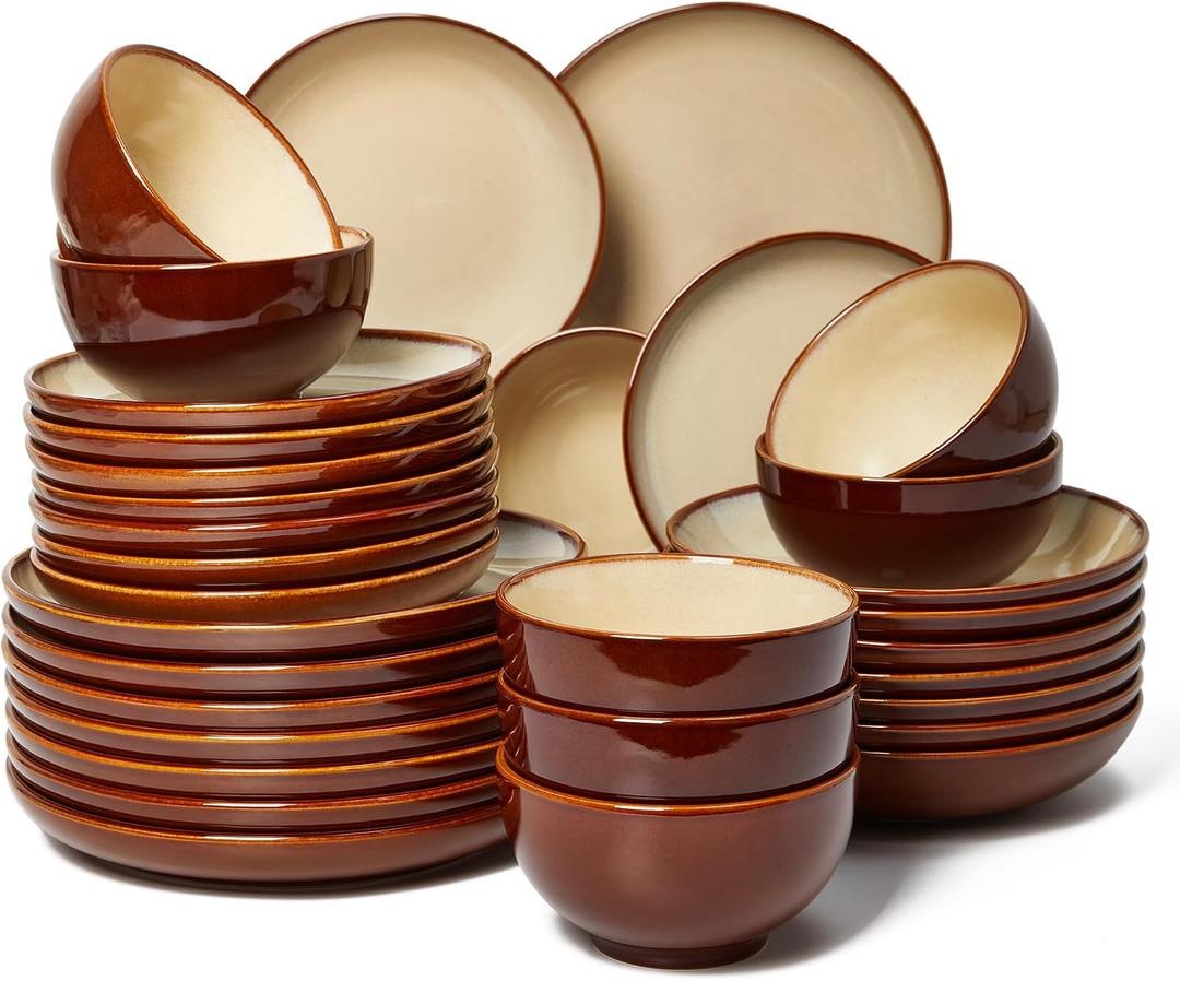 32 Piece Double Bowl Dinnerware Sets with Pasta Bowls, Highly Chip and Crack Resistant Plates and Bowls Sets, Natural Earthyware Ceramic Dishware Sets, Service for 8 Brown Yellow