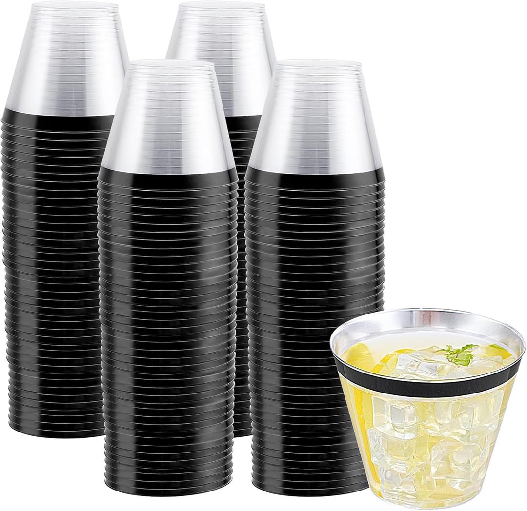 WELLIFE 120 PCS Black Plastic Cups,Disposable Cocktail Glasses,Plastic Wine Glasses Disposable,9 Oz Clear Cups for Party