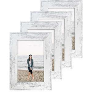 iRahmen 4x6 Picture Frame Set of 4, High Definition Glass Distressed White Frame, 4 x 6 Wood Photo Frames for Tabletop Display and Wall Mounting