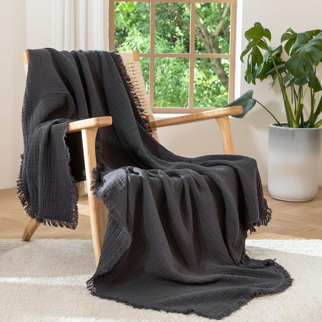 MooMee Muslin Blanket - 100% Cotton 4-Layer Gauze Throw Blanket with All-Around Fringe, Soft Breathable Lightweight Cooling Summer Blankets for Bed Couch (Dark Grey,Twin XL 66" x 90")