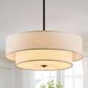 Black Modern Chandelier 18'' Drum Chandeliers with 2-Layer Fabric Shade 4-Light Linen Pendant Light Fixture for Dining Room Bedroom Kitchen Hallway Foyer