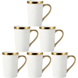 Porcelain Coffee Mugs Set of 6 - White and Gold with Gold Handle, 12 Oz Luxury Cup Set, Dishwasher Safe, Elegant Gift