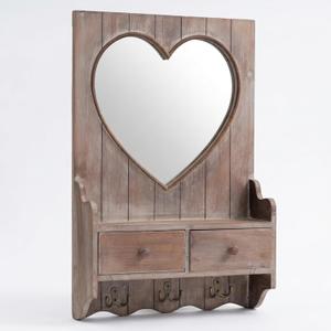 Rustic Farmhouse Wooden Entryway Mirror with Shelf and Hooks, 16"x24" Heart Shape Wood Frame Wall Mirror with Storage Drawer (Distress Brown)