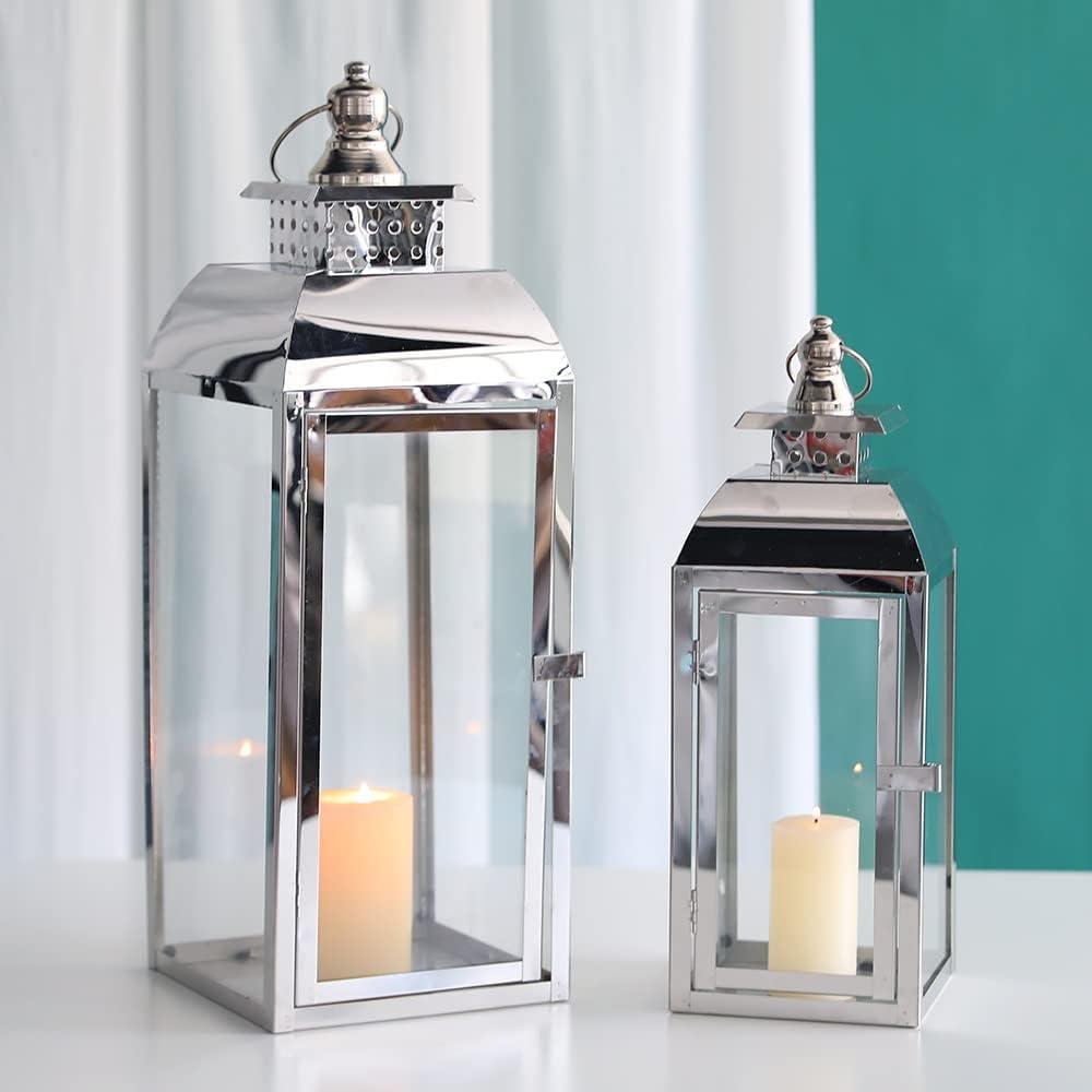 JHY DESIGN Set of 2 Stainless Steel Decorative Candle Lanterns 20.5"&15" High Metal Candle Lanterns for Indoor Outdoor Events Parities Weddings Vintage Style Hanging Lantern