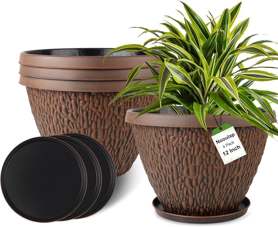 4 Pack 12 Inch Pots for Plants, Plastic Outdoor Flower Pots with Drainage Hole & Tray, Large Planters for Garden Porch Home Indoor Outdoor Decor - Pebbles Pattern Design Plant Pots