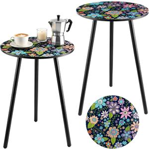 Outdoor Side Table Set of 2 Patio Side Tables for Outside Black End Tables Small Outdoor Table Round Patio End Table Metal Side Table Outside, Indoor, Bedroom, Living Room, Small Spaces, Navy Floral