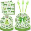 Havawish 96 Pcs Frog Birthday Decoration Green Bow Paper Plates and Napkins Coquette Baby Shower Party Supply Frog Themed Party Plates for 24 Guests Birthday Baby Shower Cute Summer Tableware