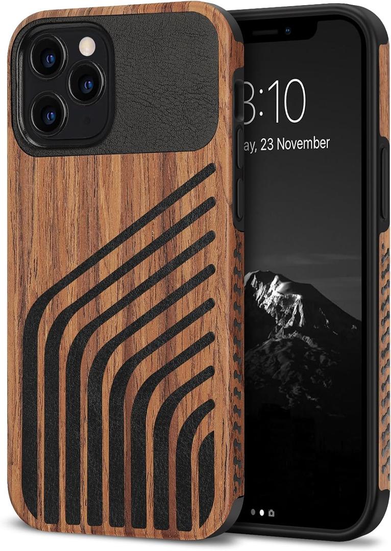 TENDLIN Compatible with iPhone 12 Pro Case/iPhone 12 Case Wood Grain with Carbon Fiber Texture Design Leather Hybrid Slim Cover (Hairline)