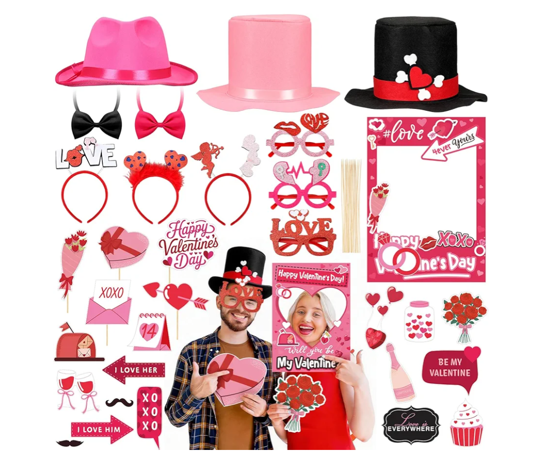 34 Pcs Valentine's Day Photo Booth Props Kit Red Pink Celebrate Valentine Day Photo Props Funny Hat Glasses Headbands Kiss Wine Flower Photos Frame for Photoshoot Fun Wedding Party Decoration