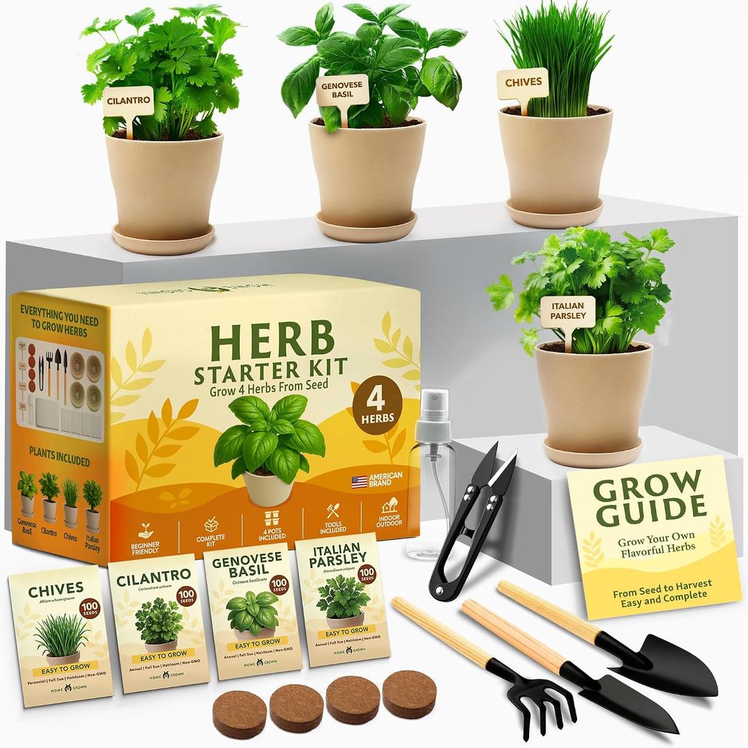 HOME GROWN Herb Garden Planter Indoor Kit Unique Christmas Gift for Adults, Men, & Women - Grow 4 Heirloom Herb Seeds on Kitchen Window Beginner DIY Craft & Hobby Gardening Gift for Plant Lovers