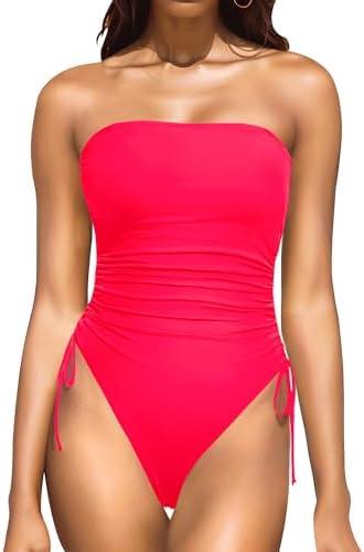 Yonique Women Strapless One Piece Swimsuit Tummy Control Bandeau Bathing Suit Cheeky Swimwear, Red, S