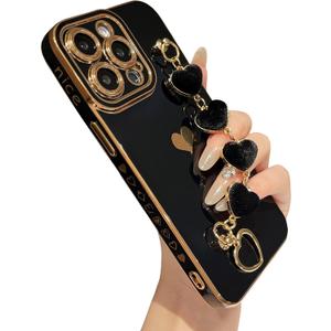 Caseative for iPhone 15 Pro Max Case,Cute Plating Love Heart Wrist Strap Chain Bracelet Phone Case (Black)