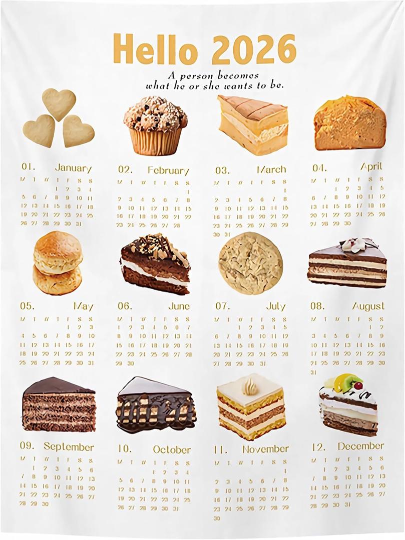 2026 Dessert Calendar Tapestry, 70x100cm Sweet Food Wall Hanging, Aesthetic Home Decor with Hook & 2 Pcs 3M Adhesive Dots for Bedroom Kitchen (Dessert)