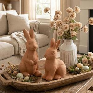 FoldTier 2 Pcs Easter Terracotta Bunny Figurines Decorations Handmade Rustic Rabbit Statues Easter Vintage Standing Sitting Rabbit Farmhouse Bunny Decor for Spring Home Indoor Table Shelf Centerpiece
