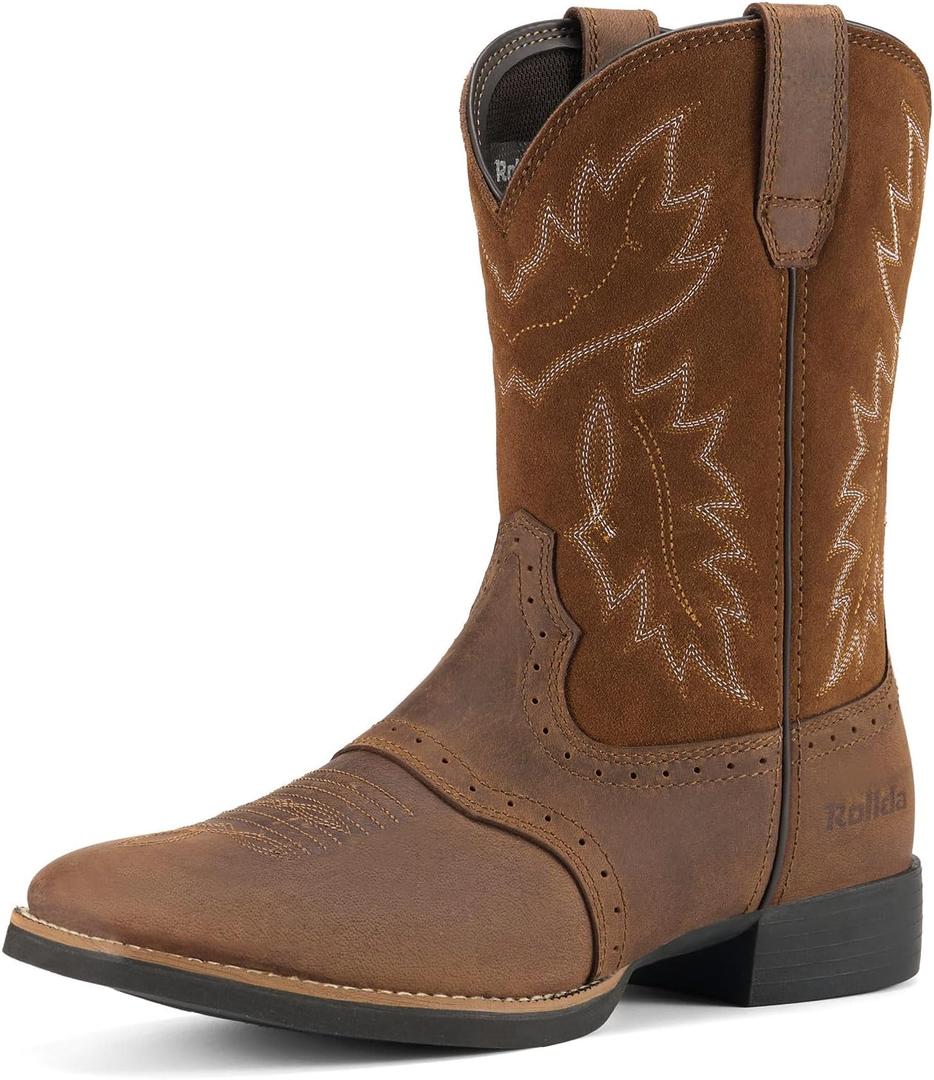Rollda Leather Cowboy Boots for Men Western Boots Square Toe Chunky Heel Mid-Calf Boots Classic Embroidered with Pull On Tabs (13, Dark Brown)
