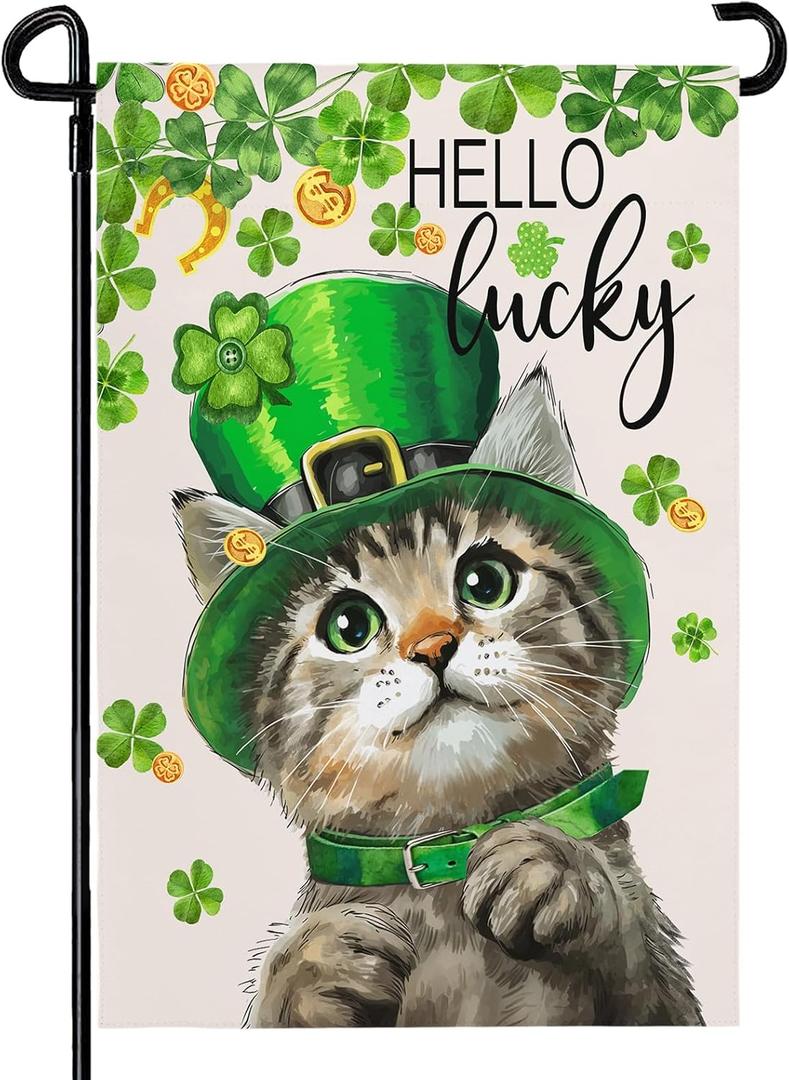 St Patricks Day Garden Flag 12X18 IN Double Sided Lucky Cat Garden Flags for Outside Farmhouse Yard Outside Decoration