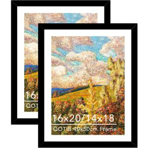 Wood 16x20 Frame Set of 2 with 14x18 Mat, for 40 x 50cm Diamond Art Painting, Display Picture 14 x 18 with Mat or 16 x 20 without Mat, Large 40x50 Picture Frame for Wall Hanging, Black, 2 Packs