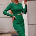 PRETTYGARDEN Women's Long Sleeve Midi Bodycon Dresses Casual Crewneck Cut Out Ribbed Knit Fitted Pencil Dress (Green, L)