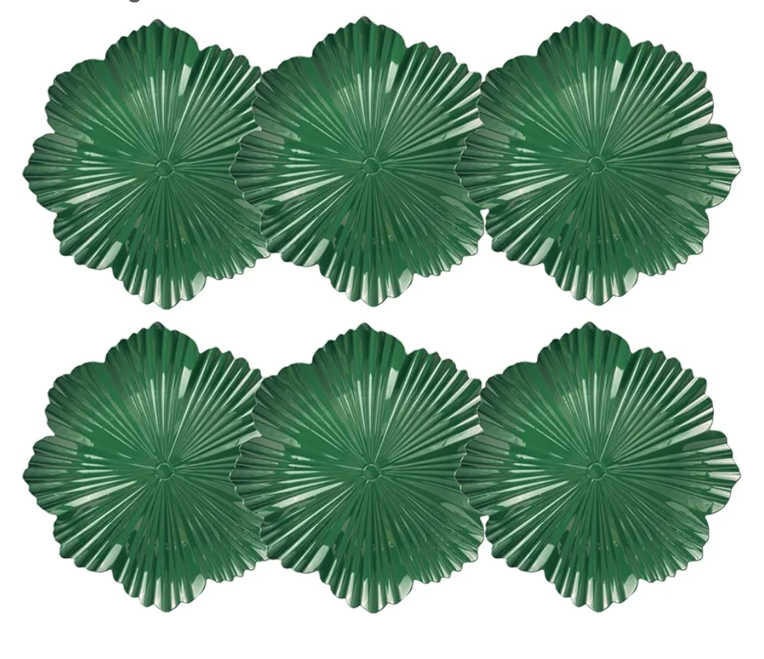 Green Charger Plates Flower Shape, 13 Inch.Set of 6 Plastic Decorative Plates for Table Setting, Party, Wedding.