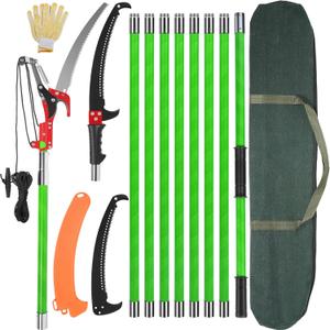 30 Ft Manual Pole Saw, Extendable Tree Pruner Blade and Scissors Set with 9 Fiberglass Handles, Long Branch Pruner Retractable for Backyard and Garden, Bush Cutting and Pruning of Palm Trees