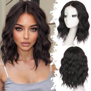 Dark Brown Short Wavy Wig for Women Lace Hairline Bob Style Synthetic Heat Resistant - Natural Appearance for Everyday Hairstyle 14 Inch