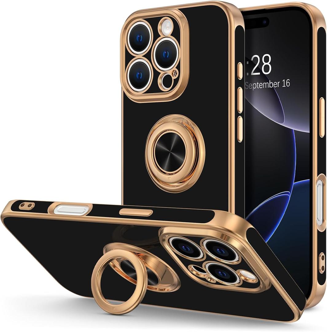 Hython for iPhone 16 Pro Max Case with Ring Stand, 360 Rotatable Ring Holder Magnetic Kickstand, Plating Rose Gold Edge Soft Cover Protective Phone Case for iPhone 16 Pro Max 6.9", Black