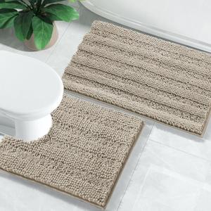 Yimobra Luxury Chenille Shaggy Bathroom Rug Set, 2 Pack Soft Fluffy Plush U Shaped Toilet Bath Mat, Extra Thick, Non-Slip, Water Absorbent, Machine Washable (Camel, 17" x 24"+20" x 24.4".4")