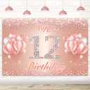 Happy 12th Birthday Banner Backdrop - 12 Birthday Party Decorations Supplies for Girls or Boys - Rose Gold 4 x 8ft