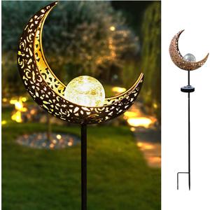 Solar Garden Light Outdoor Decorative, Moon Decor Crackle Glass Globe Garden Stake Metal LightsWaterproof Warm White LED for Pathway, Lawn, Patio, Yard Ornaments for Outside