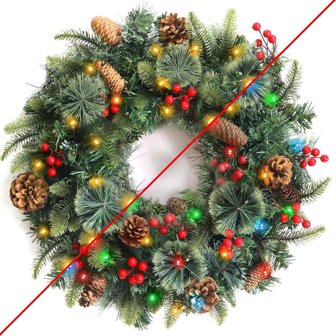 24 Inch Lighted Christmas Wreaths for Front Door, Christmas Wreath Outdoor with Pinecones Berried 50 Warm White & Multicolor Lights 8 Modes Timer Norfolk Pine Wreath Xmas Wreaths for Home Wall Window