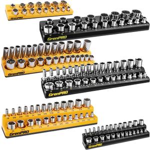 GRENPRO Socket Organizer for Tool Box Drawer, 6pc 143 Metric & SAE Magnetic Socket Holder, 1/4", 3/8", 1/2" Drive Socket Tray Set, Magnetic Socket Organizer
