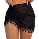 OYOANGLE Women's Mesh Sheer Tassel Swimwear Cover Up Skirt Ruched Short Beach Sarong (Medium, Black)