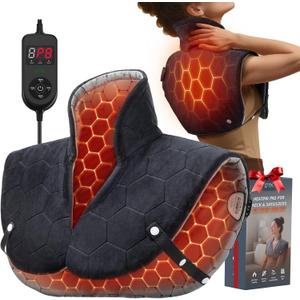 Far Infrared Heating Pad for Neck and Shoulders and Back - 6X Deeper Pain Relief, Graphene 30s Fast Heat, 8 Heat Setting, 16 Timer, Automatic Memory, Weighted Heating Pads Gift for Women&Men (Black)