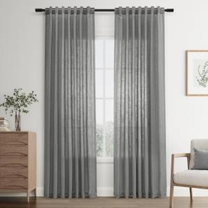 Joywell Dark Grey Back Tab Rod Pocket Linen Curtains 90 Inches Long 2 Panels for Living Room Bedroom Neutral Boho Farmhouse Rustic Light Filtering Semi Sheer Curtains Window Treatment 52x90